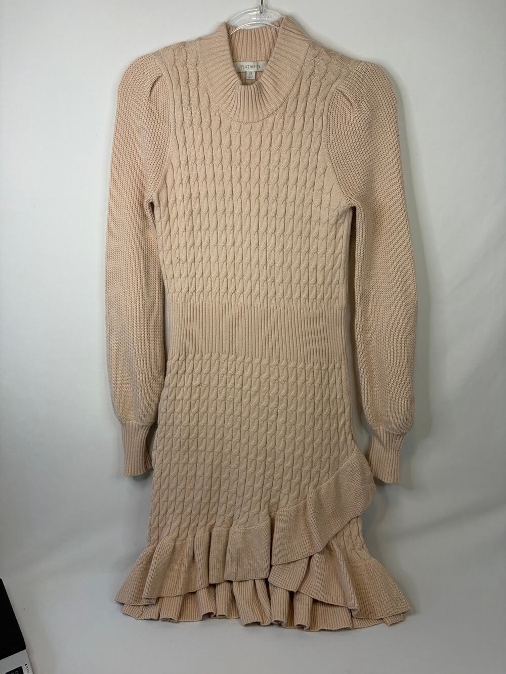 Anthropologie Flat White Ruffled Mini Sweater Dress Beige Long Sleeve Size XS